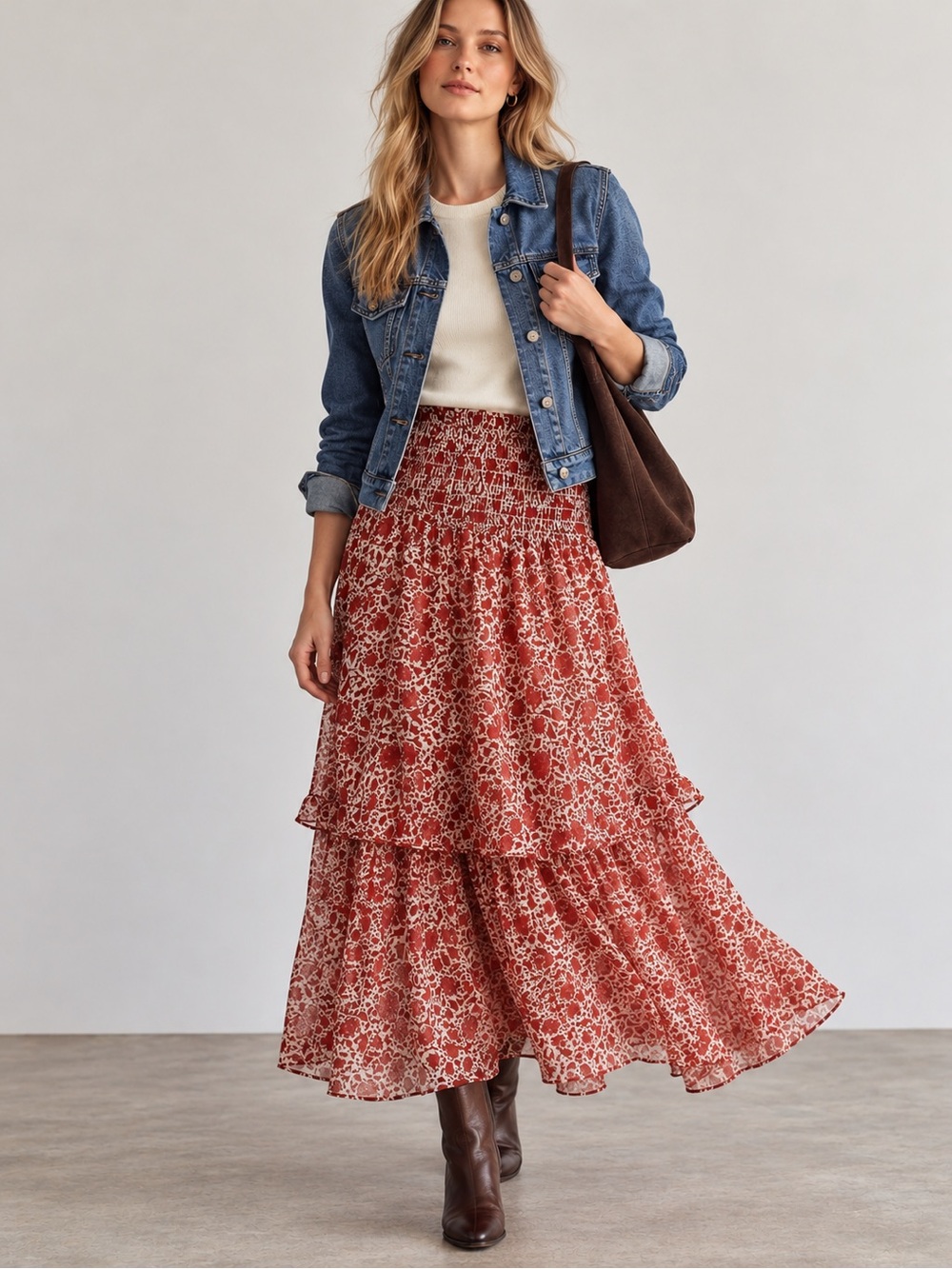 MISA Los Angeles Smocked Waist Red Floral  Tiered Midi Skirt XS Boho Chic NWT